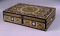 Writing Box, Wood; veneered with ebony, inlaid with ivory and bone (partially stained), brass (sadeli technique)